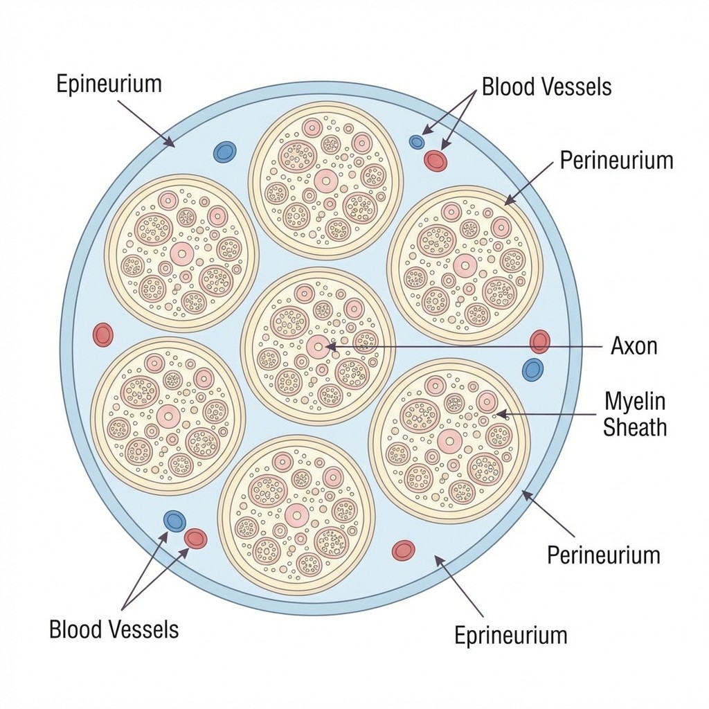 Medical illustration: cross-section of a peripheral nerve showing epineurium, fascicles, axons, myelin sheath, and blood vessels
